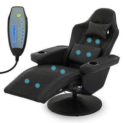 MoNiBloom Video Game Chair Massage Single Living Room Sofa Recliner High-Back Comfortable Gaming Chair with Lumbar Support and Footrest, Swivel Home Theater Seating with Speaker, Cupholder, Black