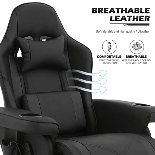 MoNiBloom Video Game Chair Massage Single Living Room Sofa Recliner High-Back Comfortable Gaming Chair with Lumbar Support and Footrest, Swivel Home Theater Seating with Speaker, Cupholder, Black