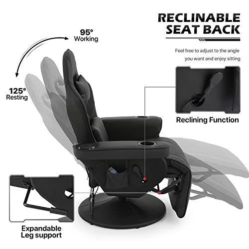 MoNiBloom Video Game Chair Massage Single Living Room Sofa Recliner High-Back Comfortable Gaming Chair with Lumbar Support and Footrest, Swivel Home Theater Seating with Speaker, Cupholder, Black