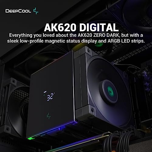 DeepCool AK620 Digital CPU Air Cooler Mighty 260w TDP 6 Copper Heatpipes Dual-Tower CPU Cooler with Status Display Screen and ARGB LED Strips 120mm FDB Fan for LGA 1700/1200/1151/1150/1155/AM5/AM4