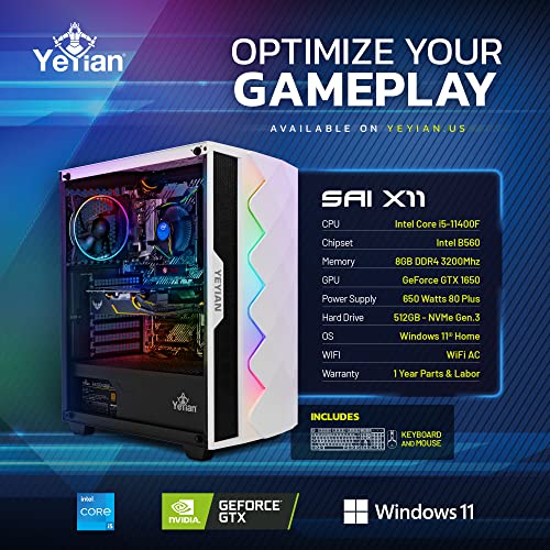 YEYIAN SAI X11 Gaming PC Desktop Computer, Intel i5-11400F 6-Core 2.6GHz, GeForce GTX 1650 4GB GDDR6, 500GB NVMe SSD, 8GB DDR4 3200MHz, 3 ARGB Fans, Windows 11 Home 64-bit, WiFi 5, BT 5.0, 650W PSU