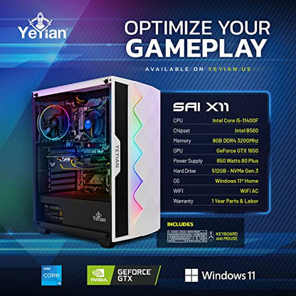 YEYIAN SAI X11 Gaming PC Desktop Computer, Intel i5-11400F 6-Core 2.6GHz, GeForce GTX 1650 4GB GDDR6, 500GB NVMe SSD, 8GB DDR4 3200MHz, 3 ARGB Fans, Windows 11 Home 64-bit, WiFi 5, BT 5.0, 650W PSU